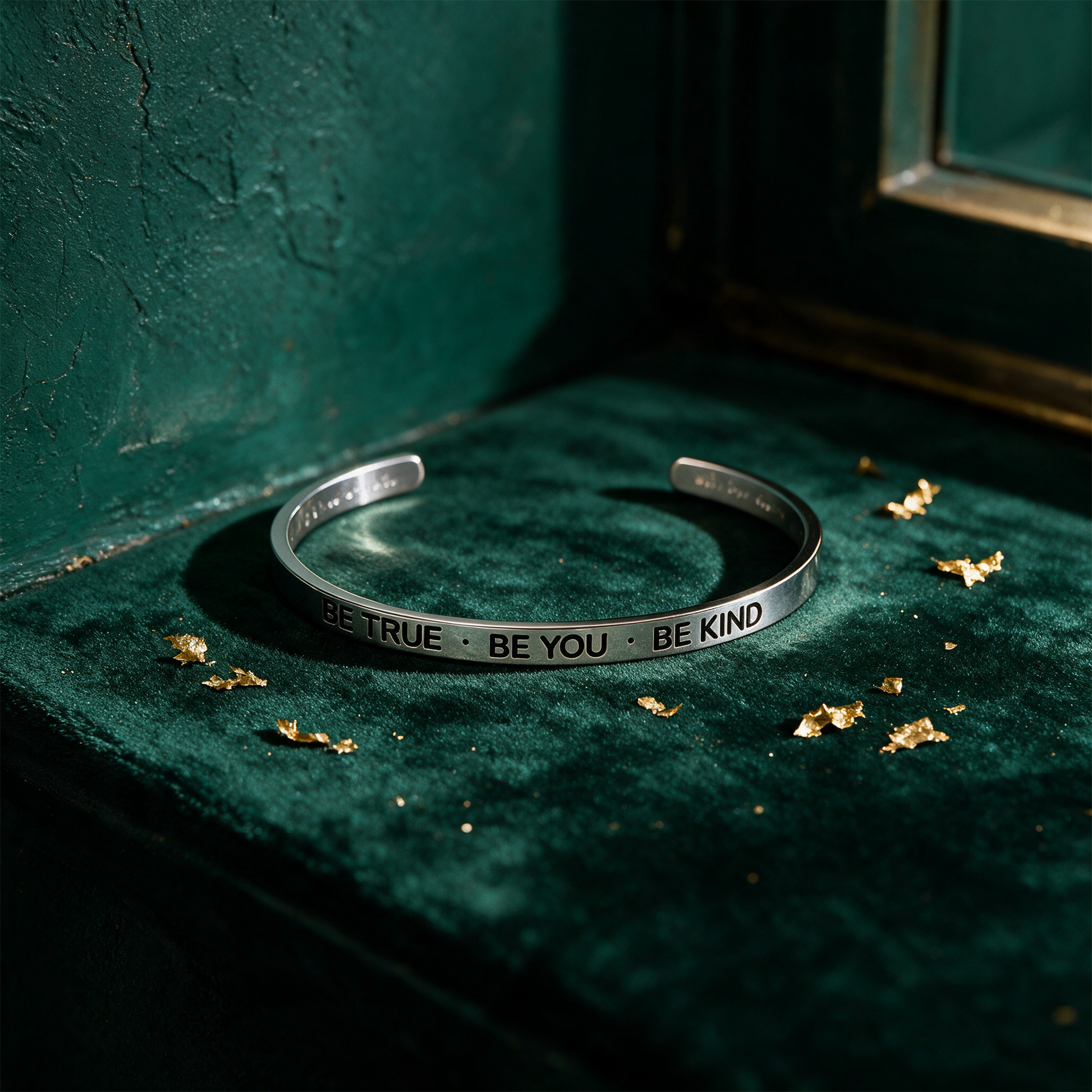 Armreif mit Gravur | Silber | "Be true - be you - be kind" – Anwendung vor tiefem Smaragdgrün