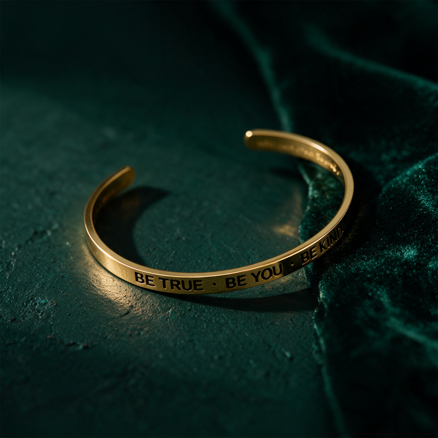 Armreif mit Gravur | vergoldet | "Be true - be you - be kind" – alternative Produktansicht vor tiefem Smaragdgrün