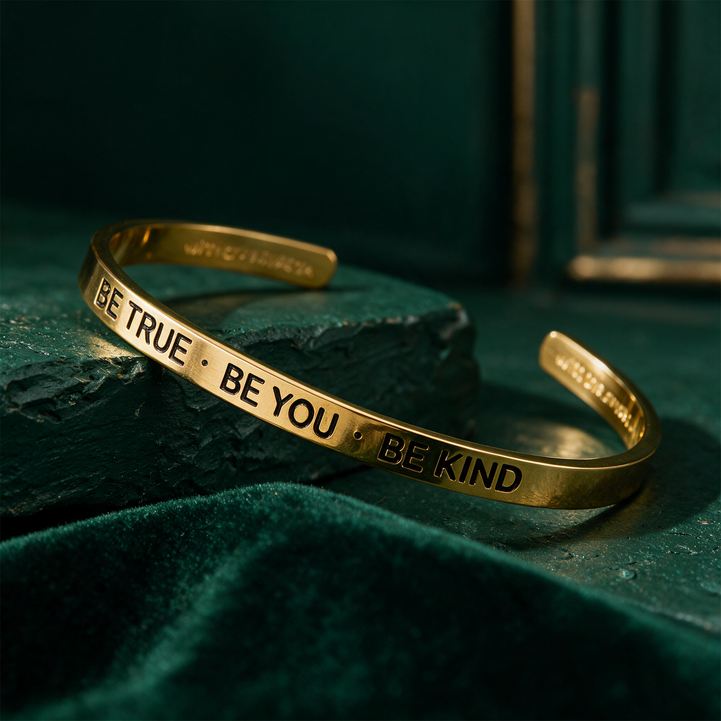 Armreif mit Gravur | vergoldet | "Be true - be you - be kind" – Detailansicht vor tiefem Smaragdgrün