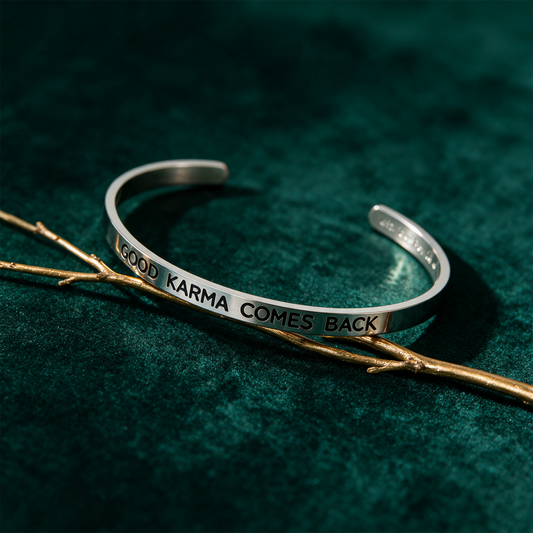 Armreif mit Gravur | Silber | Good Karma comes back – Anwendung vor tiefem Smaragdgrün
