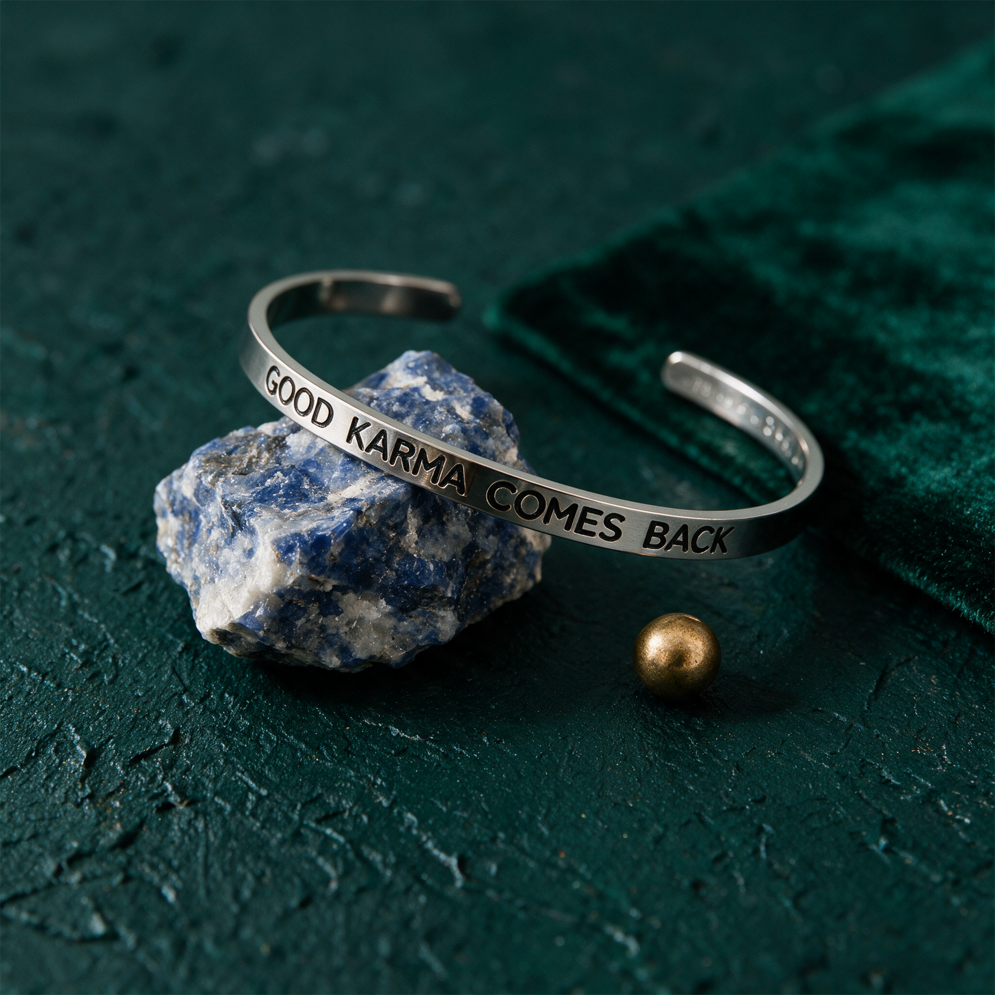 Armreif mit Gravur | Silber | Good Karma comes back – Material- und Setansicht vor tiefem Smaragdgrün