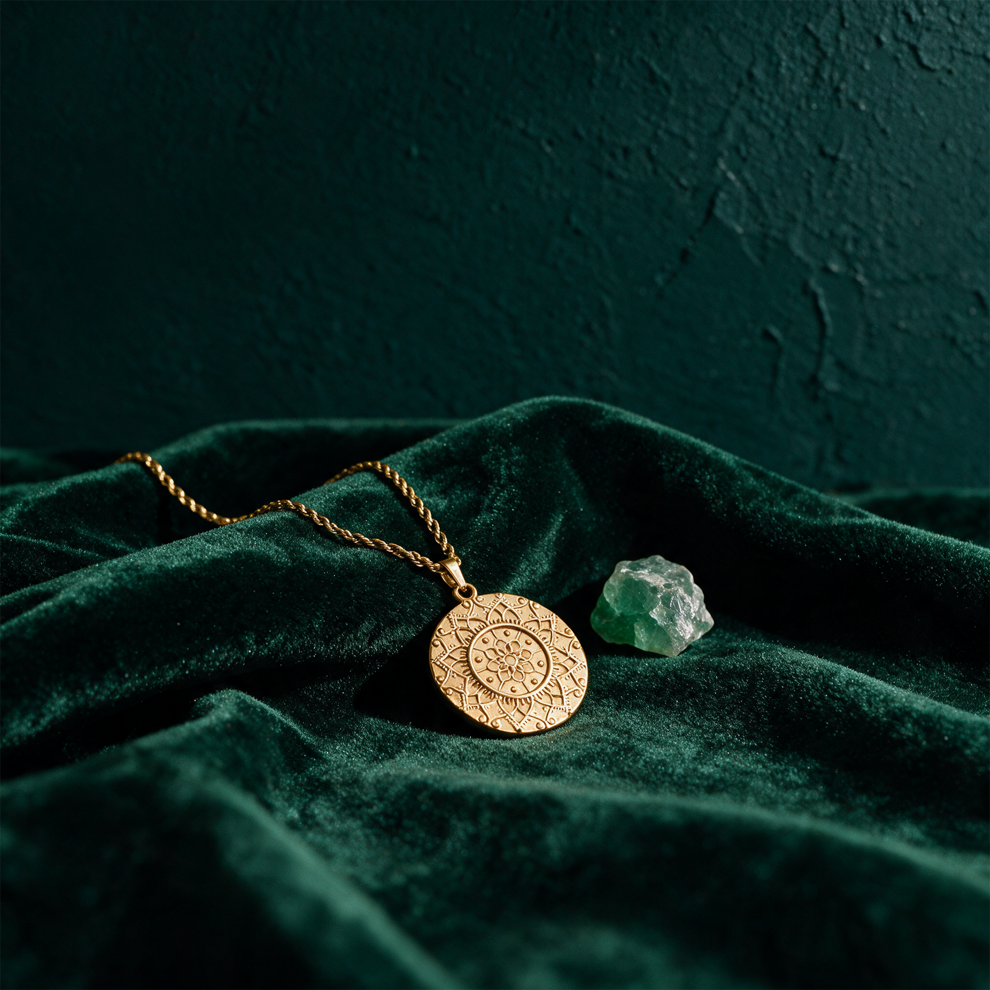Kette mit Anhänger Mandala | vergoldet | I am safe & supported – Anwendung vor tiefem Smaragdgrün