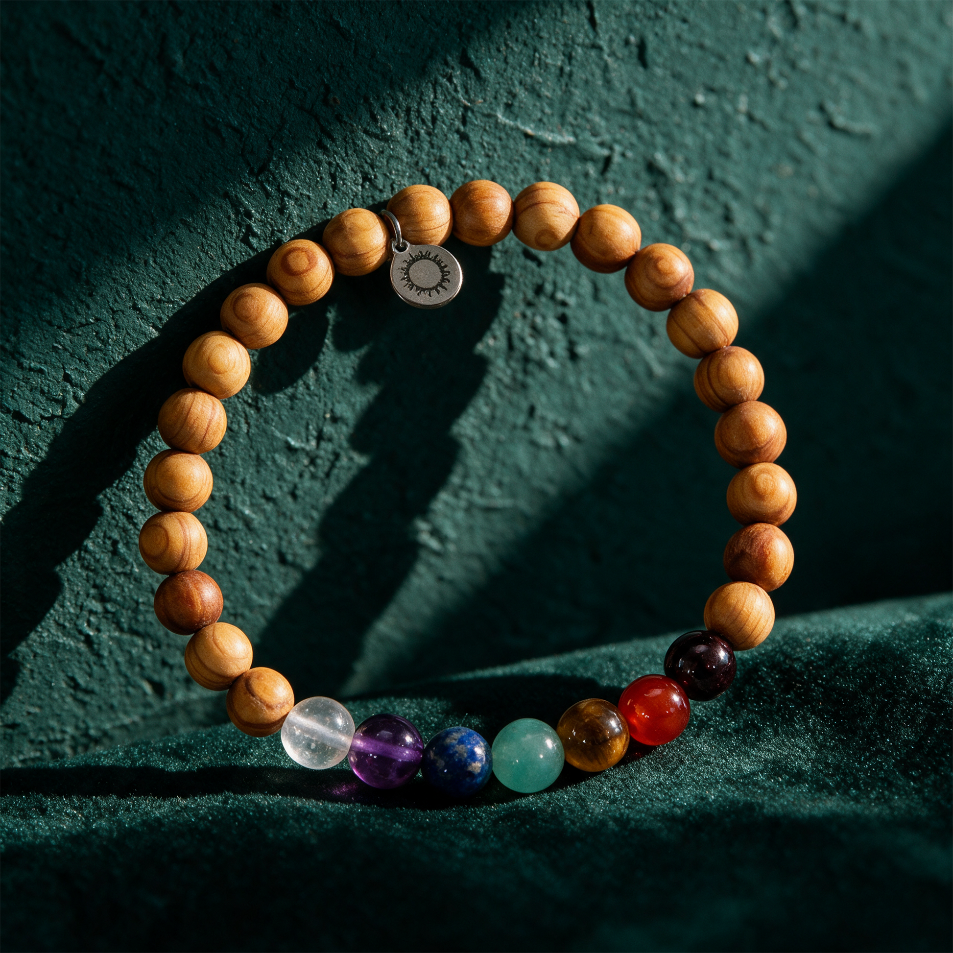 Chakra Armband aus echten Edelsteinen & Sandelholz – Detailansicht vor tiefem Smaragdgrün