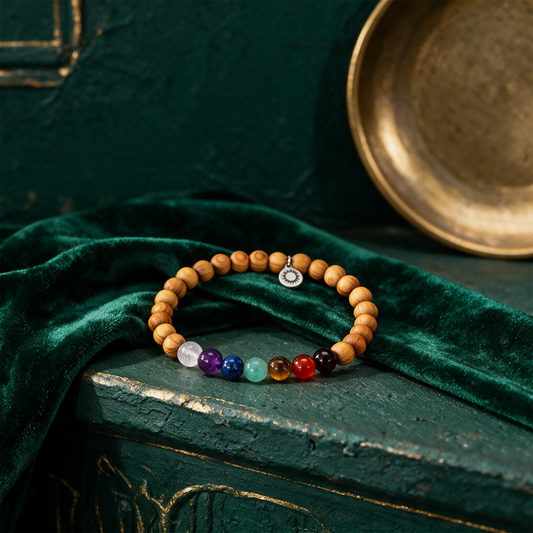 Chakra Armband aus echten Edelsteinen & Sandelholz – Anwendung vor tiefem Smaragdgrün
