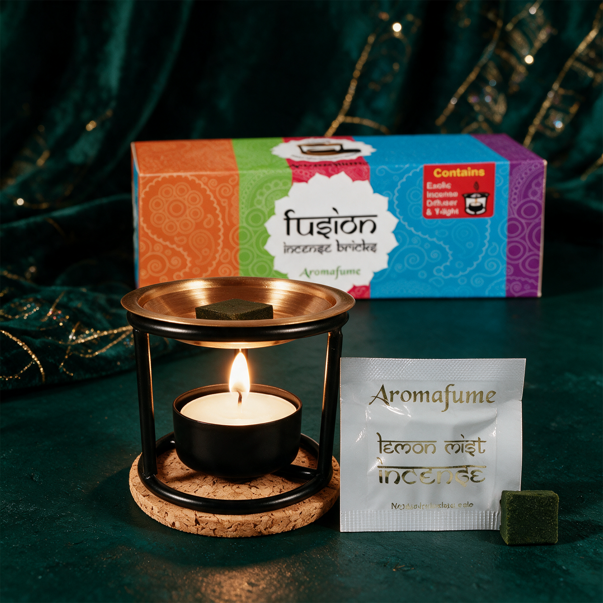 Aromafume Weihrauchverdampfer Probierset – Produktansicht vor tiefem Smaragdgrün