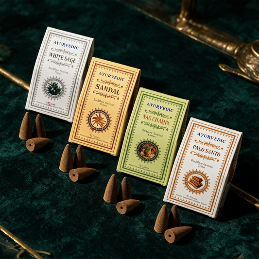 Ayurvedische Rückfluss Räucherkegel – Material- und Setansicht vor tiefem Smaragdgrün