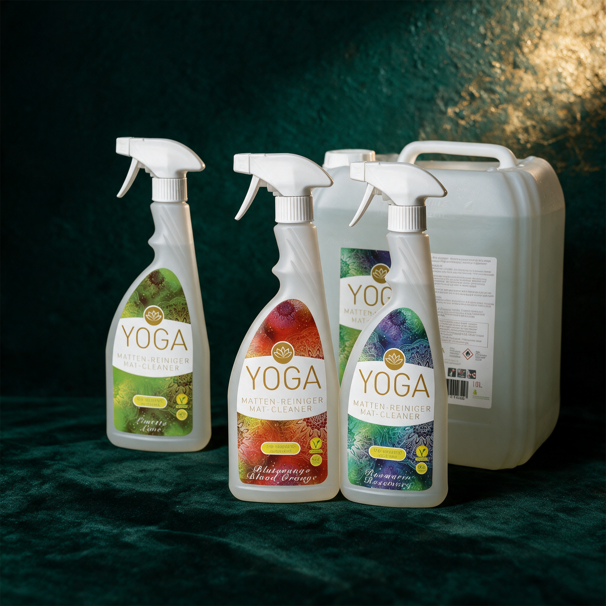 Bio-zertifizierter Yogamattenreiniger – alternative Produktansicht vor tiefem Smaragdgrün