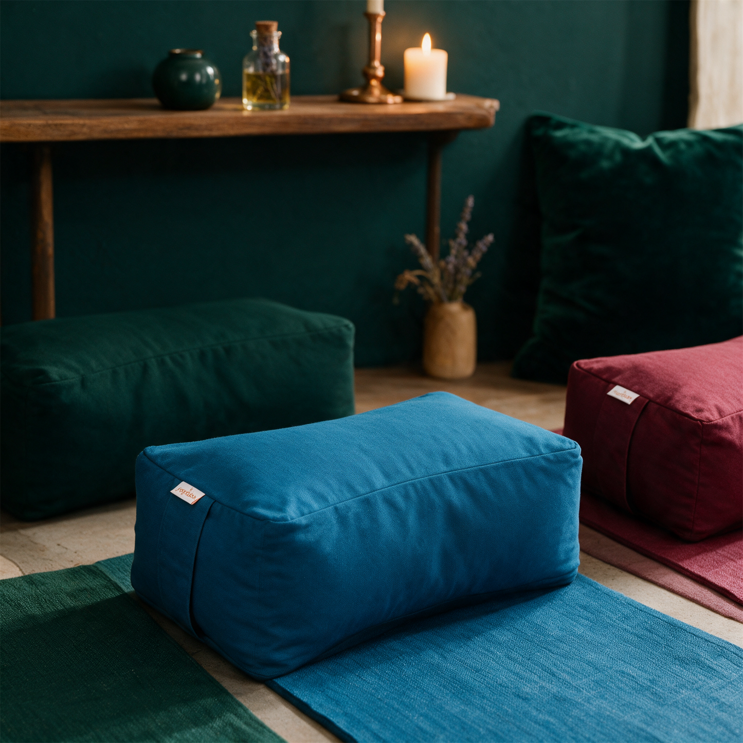 Meditationskissen SQUARE – Anwendung vor tiefem Smaragdgrün