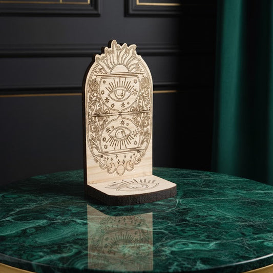 Handgefertigter Holzaltar (Paulownia) mit graviertem Augen-Motiv, ideal für Rituale