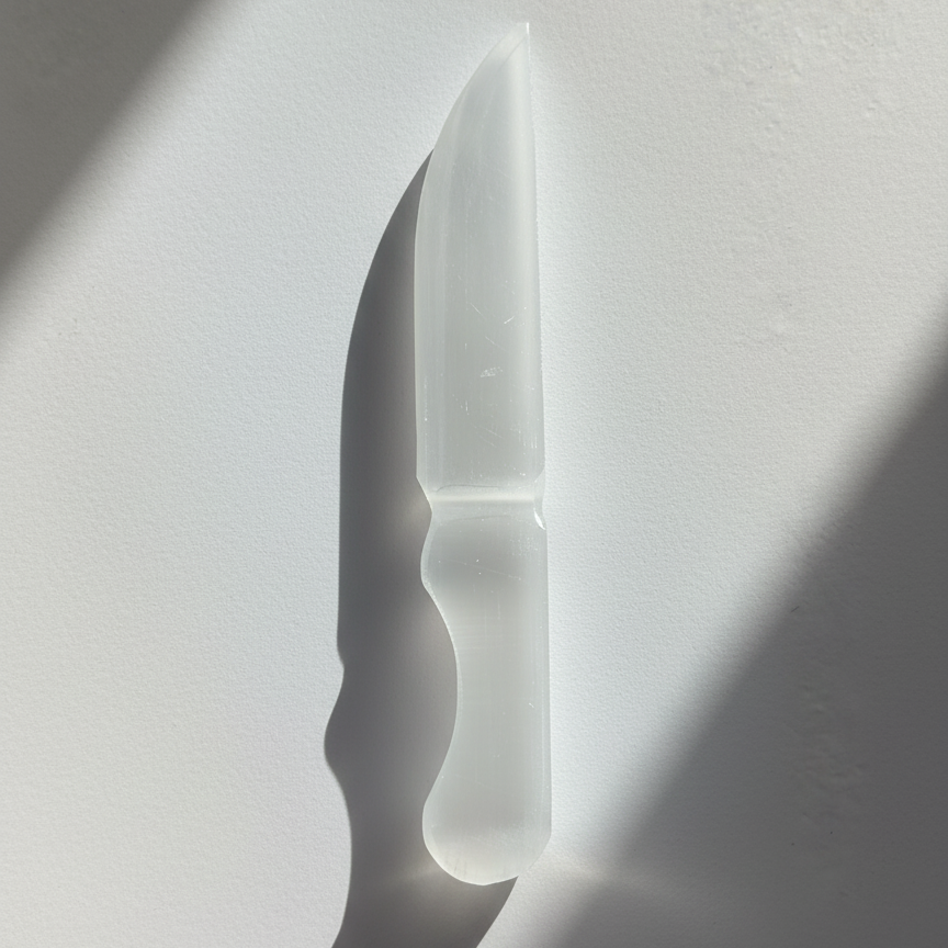 Handgeschliffenes Ritualmesser aus weißem, lichtdurchlässigem Selenit auf hellem Untergrund.