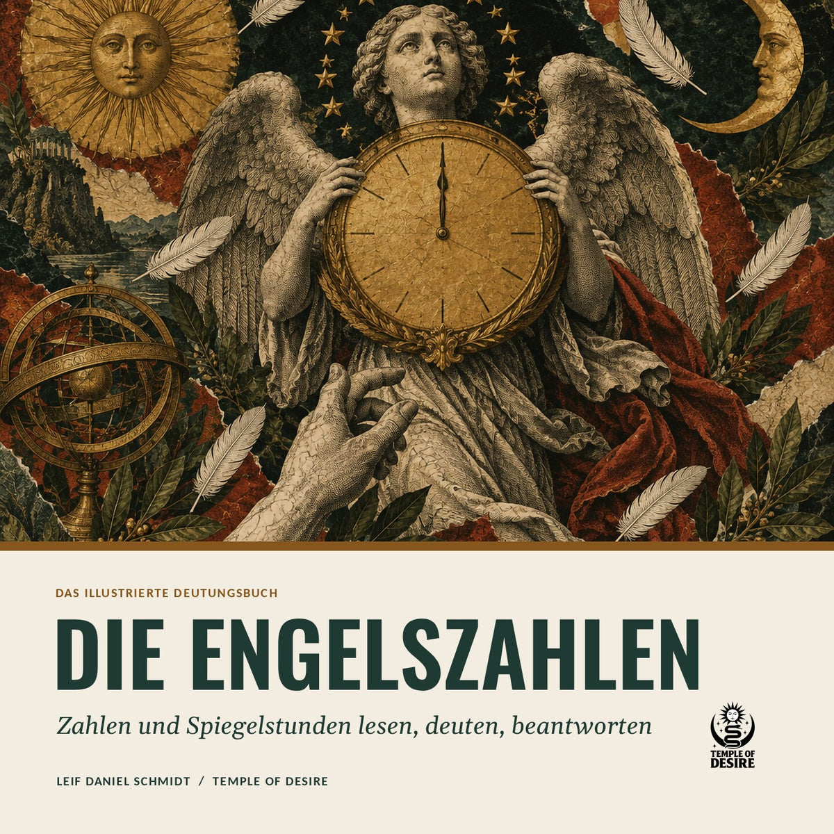 Die Engelszahlen – Das Deutungsbuch: Cover mit Engel und Uhr, illustriertes PDF