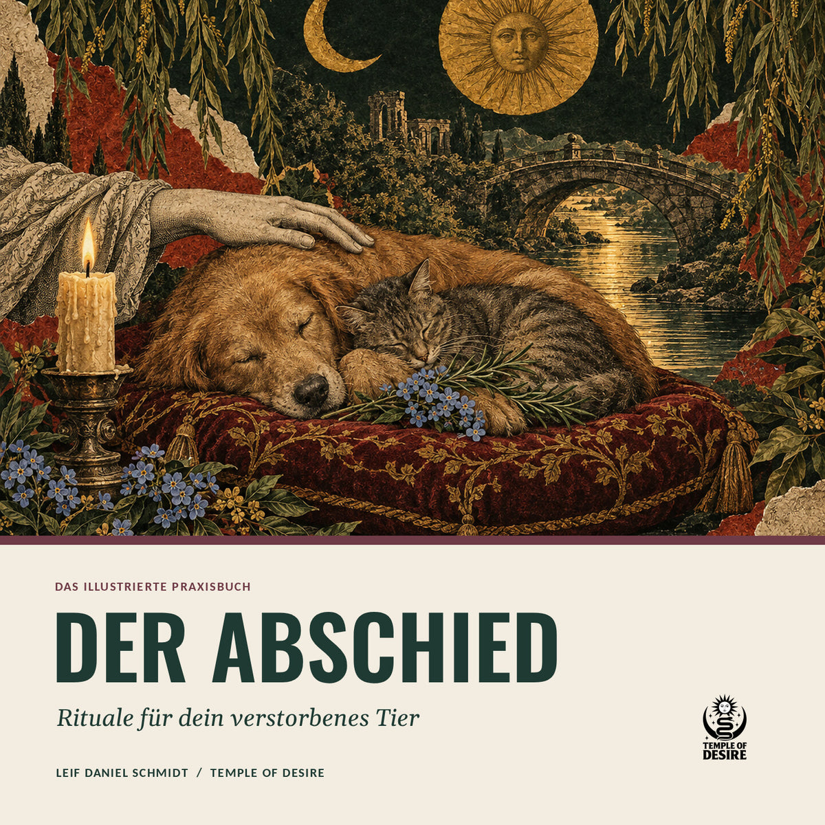 Der Abschied — Rituale für dein verstorbenes Tier: illustriertes Cover mit schlafendem Hund und Katze, Kerze und Steinbrücke