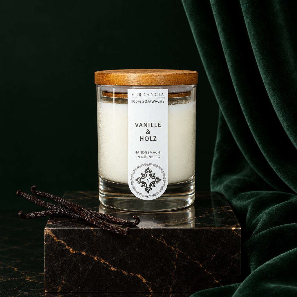 Vanille & Holz Duftkerze von Verdancia aus Sojawachs, Produktansicht