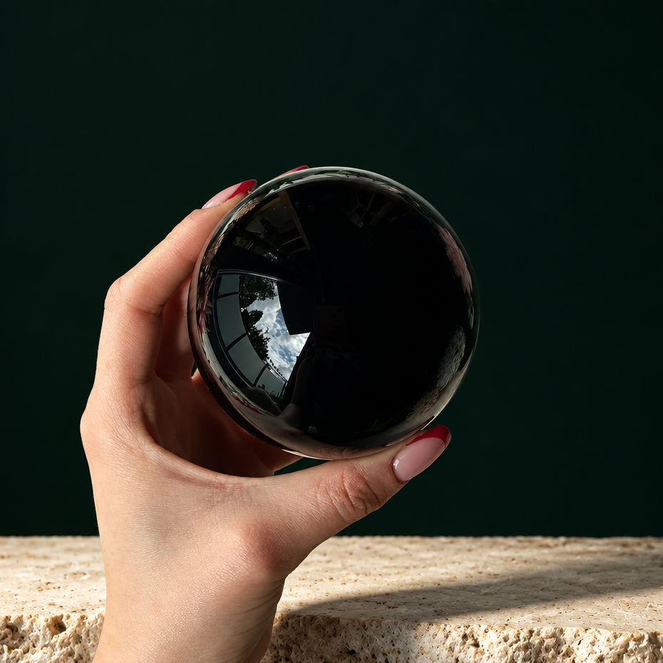 Schwarze Kristallkugel aus Obsidian von Laos Kristallwelt, zusätzliche Perspektive