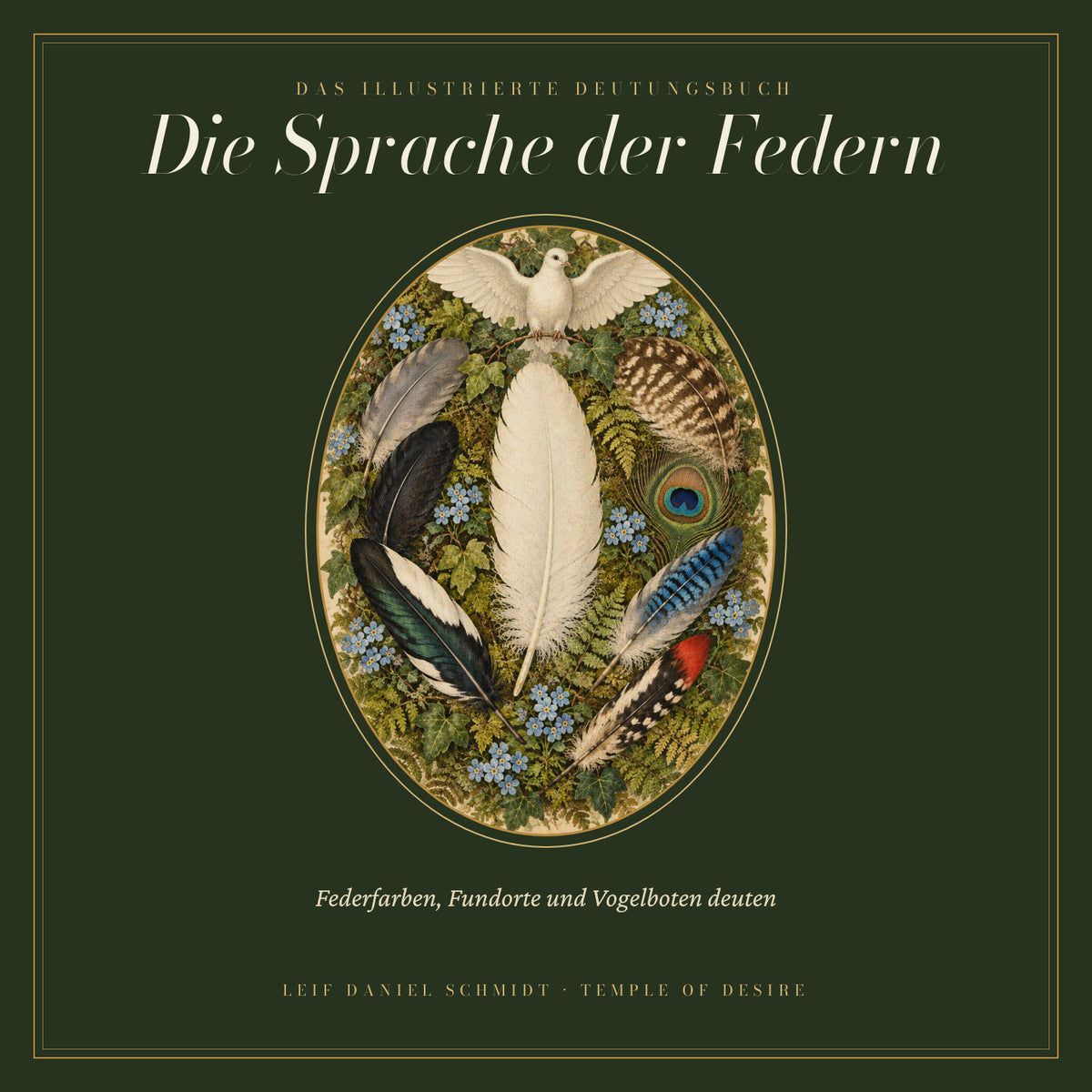 Die Sprache der Federn — Das Deutungsbuch: Cover mit naturkundlicher Federtafel im Oval, weiße Taube, Federn von Elster, Eichelhäher, Eule und Pfau