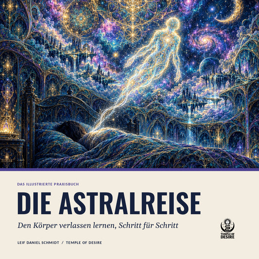 Die Astralreise — Das Praxisbuch: illustriertes Cover mit einem Lichtkörper, der mit einer Silberschnur aus dem schlafenden Körper in den Sternenhimmel aufsteigt