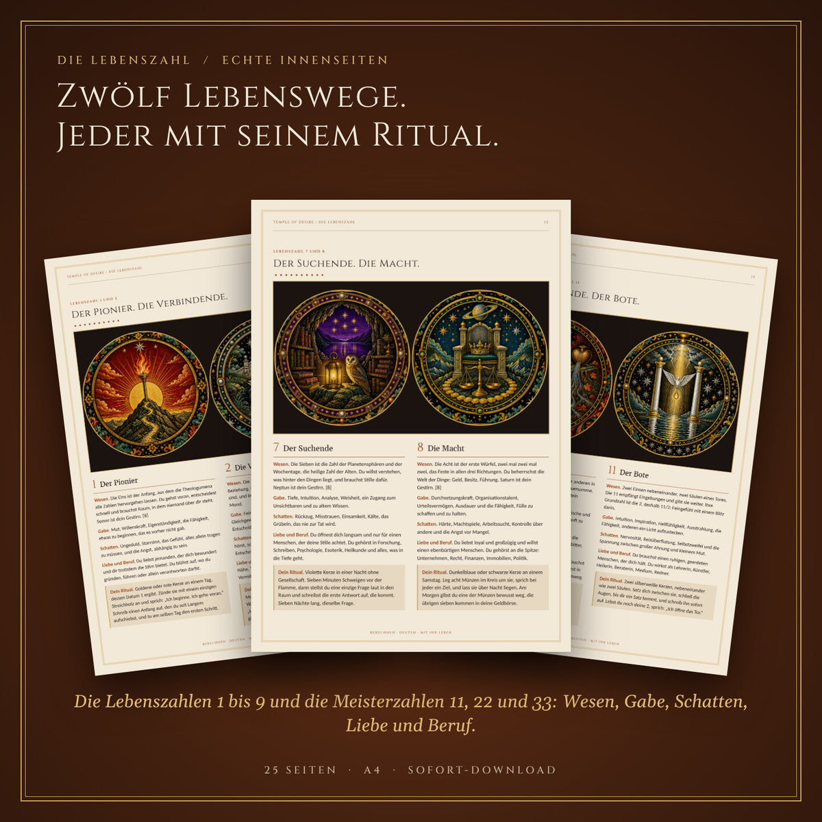 Echte Innenseiten: die Lebenszahlen 1, 2, 7, 8, 9 und die Meisterzahl 11 mit Emblemen, Wesen, Gabe, Schatten und Ritual