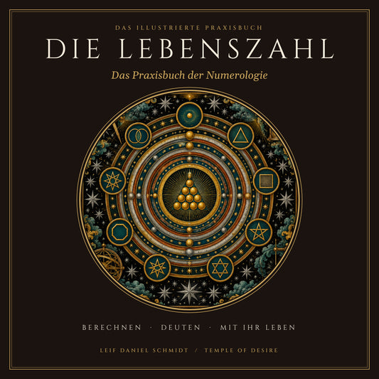Die Lebenszahl — Das Praxisbuch: Cover mit einem Zahlenkosmos aus neun Ringen, der Tetraktys und neun geometrischen Figuren