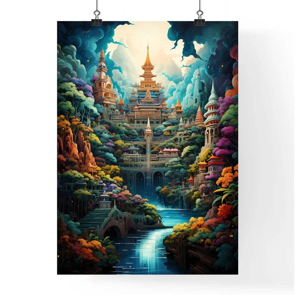 Fine-Art-Print Bunter Tempel im Wald gerahmt über einem Sideboard
