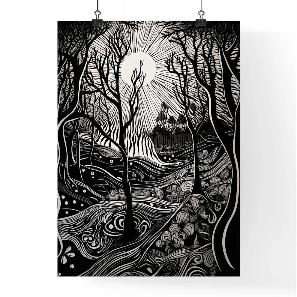 Schwarz-weißer Waldkunstdruck in schmalem Rahmen an heller Wand