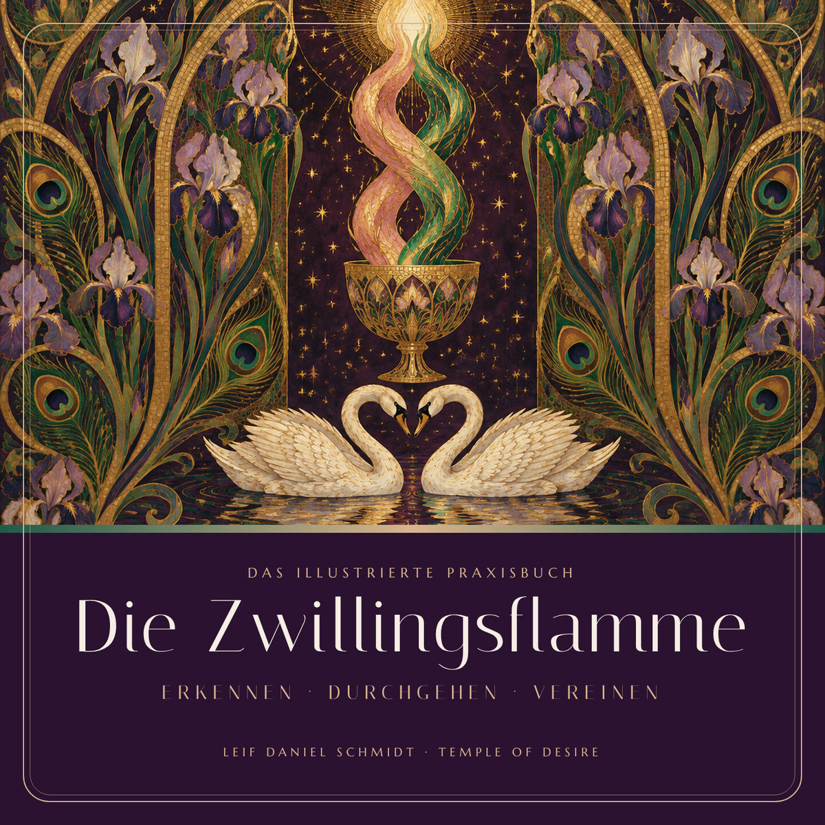 Die Zwillingsflamme – Das Praxisbuch: Cover mit zwei Flammen und zwei Schwänen im Jugendstil