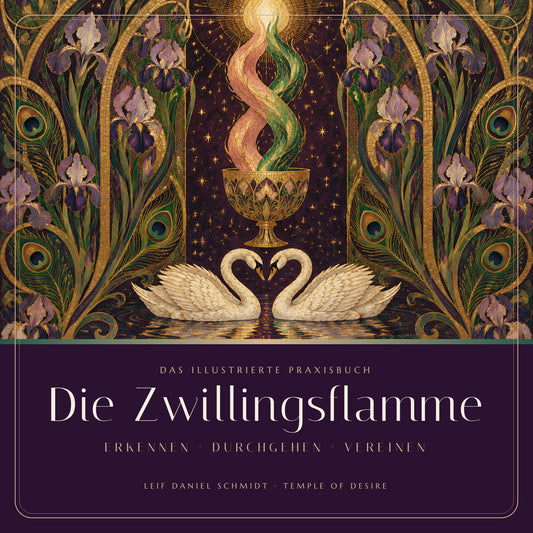 Die Zwillingsflamme – Das Praxisbuch: Cover mit zwei Flammen und zwei Schwänen im Jugendstil