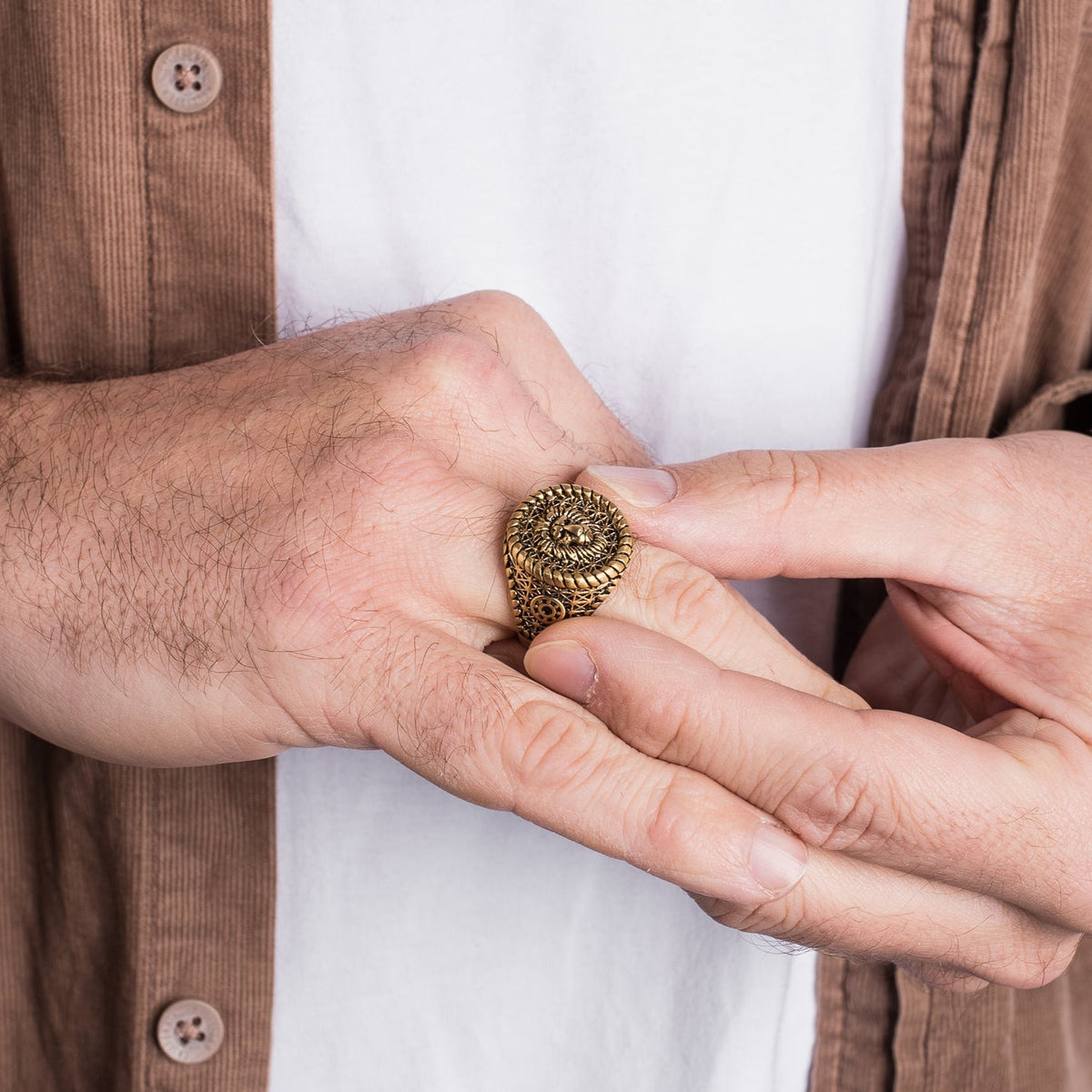 Akitsune Imperator Ring Antikgold, Tragebild am Model