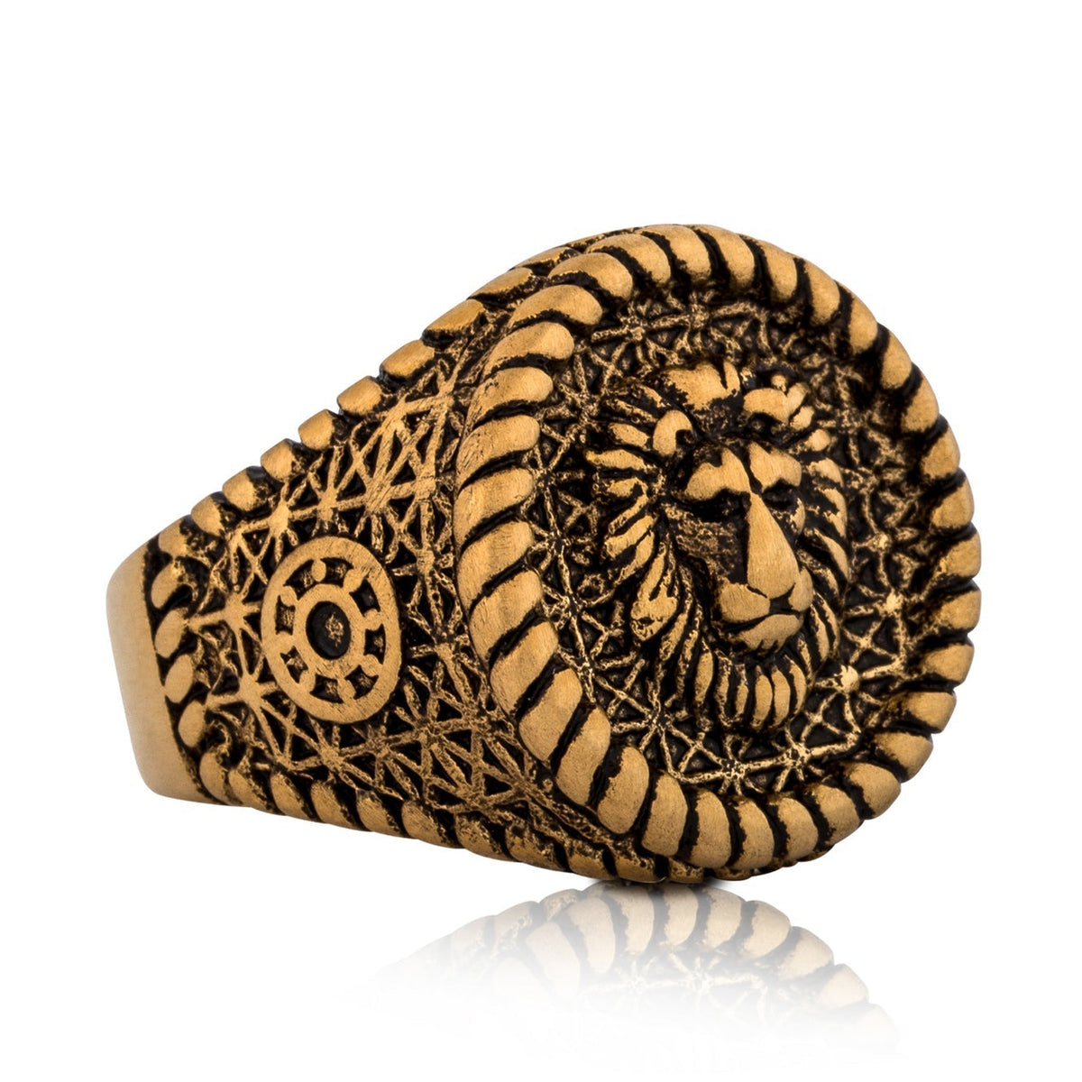 Akitsune Imperator Löwenkopf-Ring Antikgold, Seitenansicht