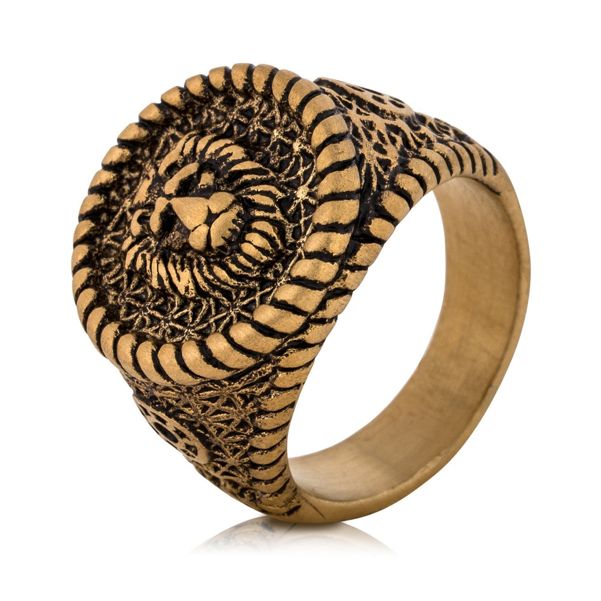 Akitsune Imperator Löwenkopf-Ring Antikgold, Ansicht von oben