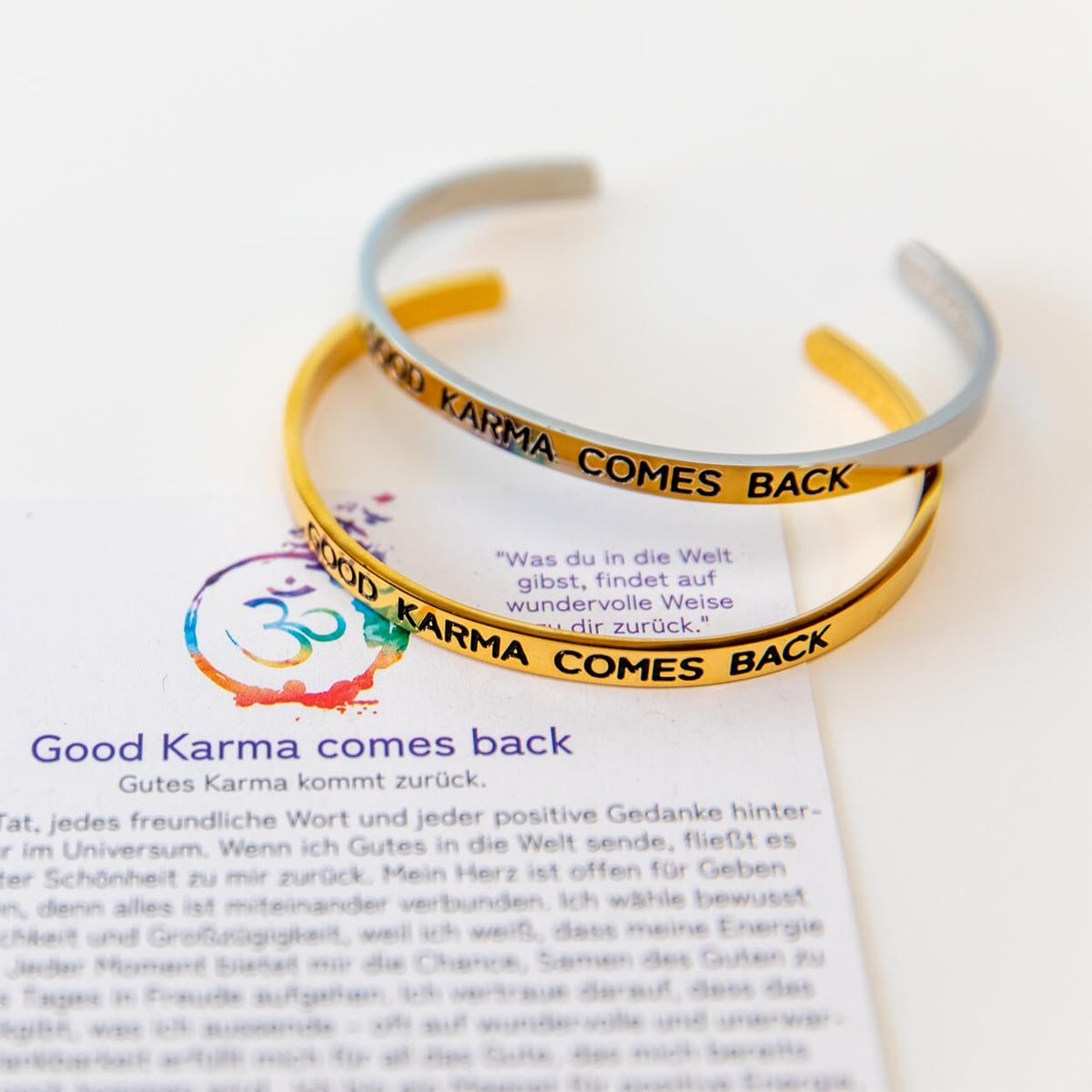Karma-Armreif „Good Karma comes back“ | vergoldeter Edelstahl mit Gravur