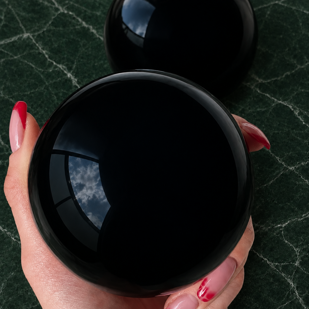 Schwarze Obsidian Kugel von Laos Kristallwelt, poliert, 8,5 cm