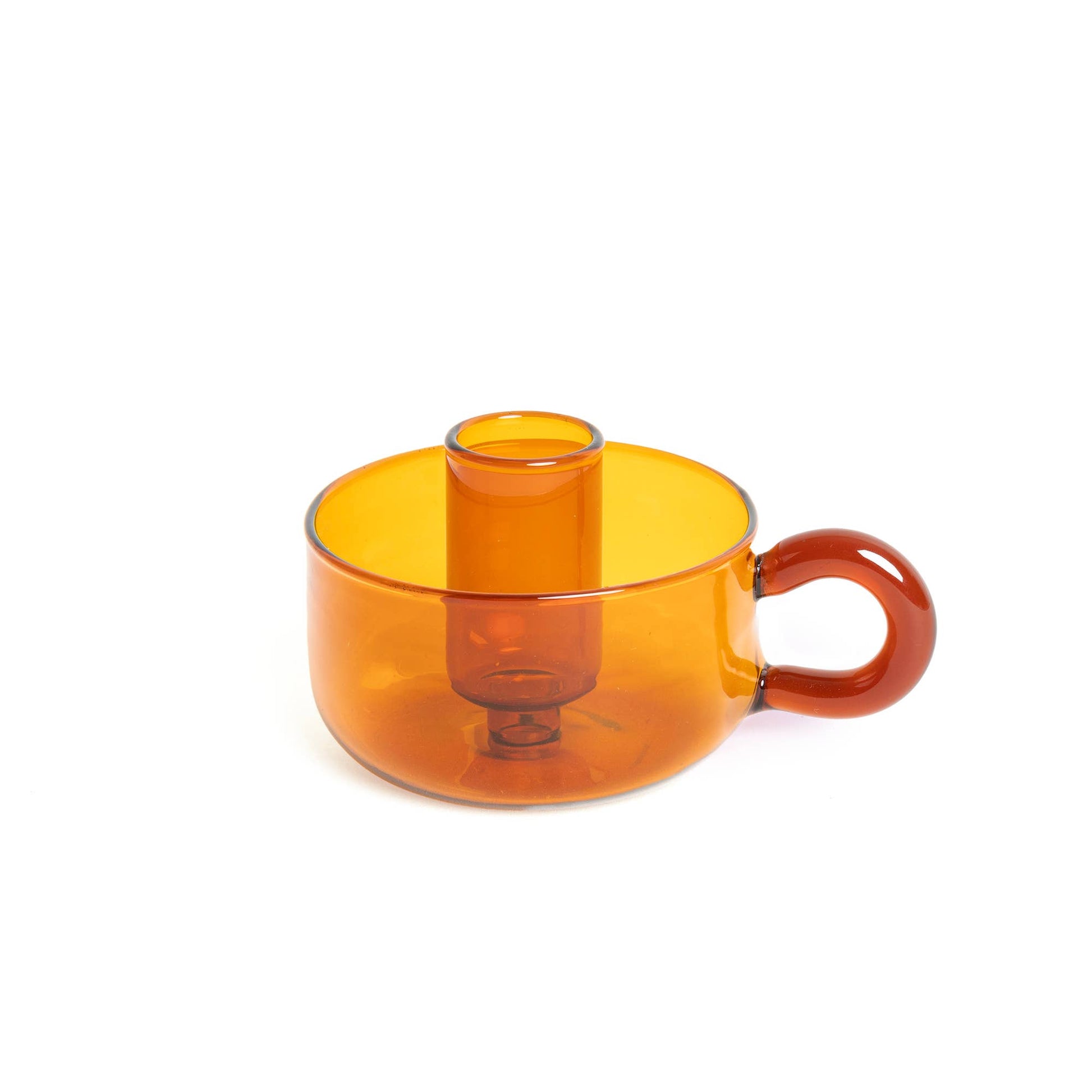 Bernsteinfarbener Glas-Kerzenhalter mit Henkel, leuchtendes Orange