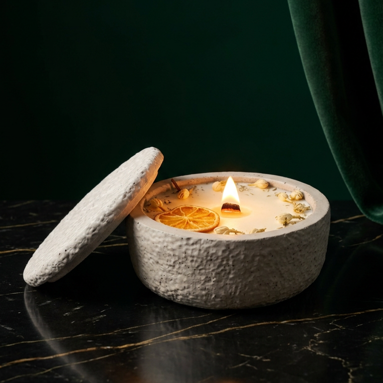Betonkerze mit Betondeckel und Holzdocht, Citronella