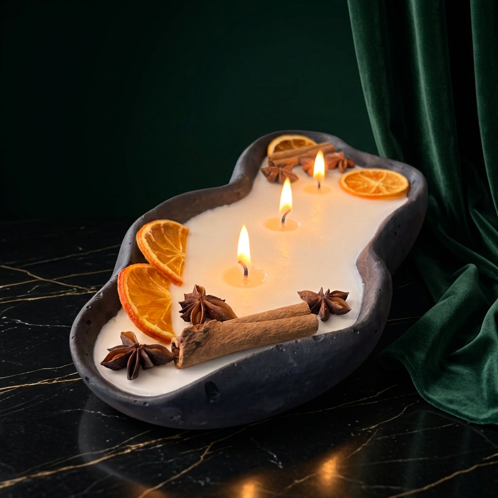 Design-Betonkerze Wave mit drei Dochten, Orangenscheiben, Sternanis und Zimt
