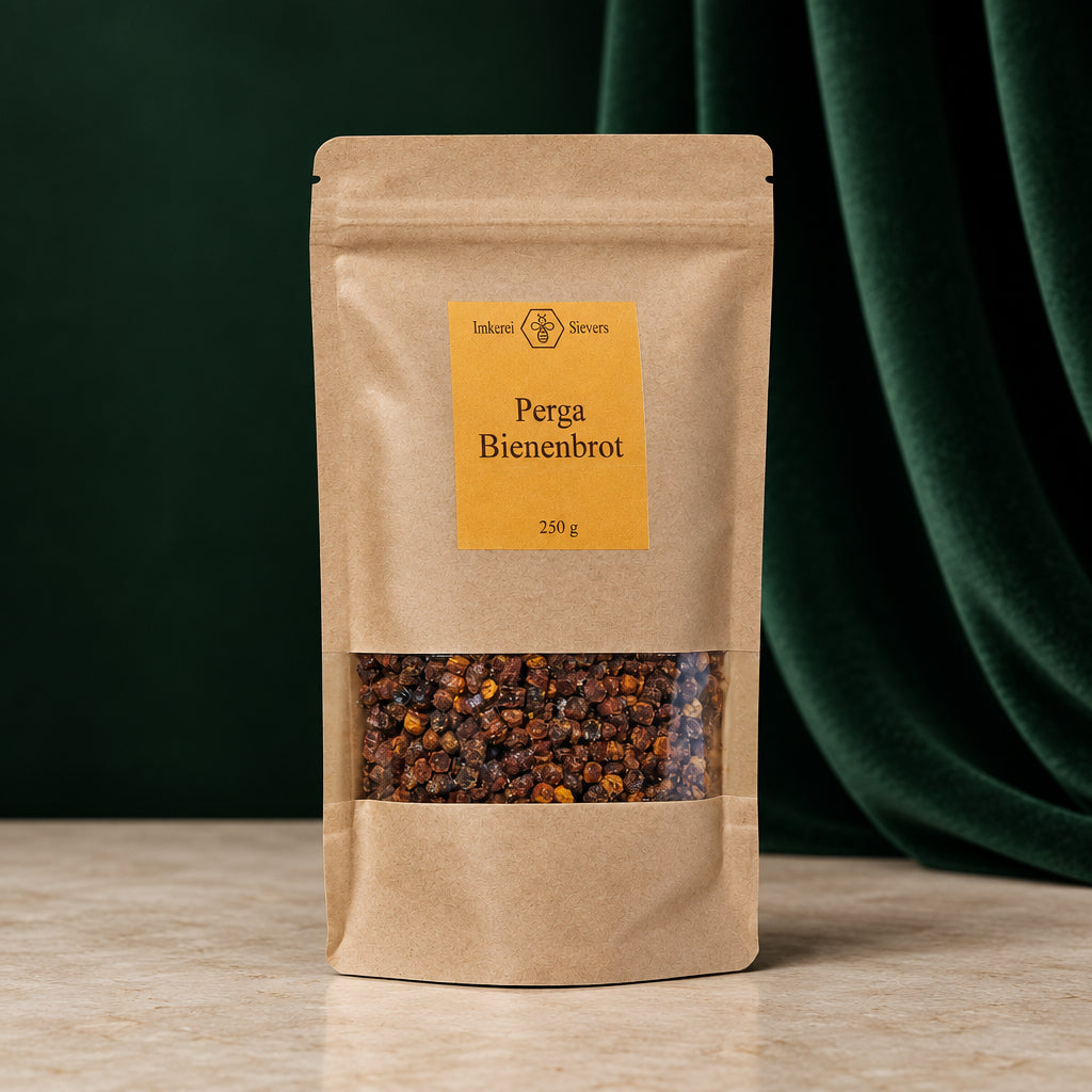 Perga Bienenbrot 250 g im Kraftpapierbeutel mit Sichtfenster auf Steinsockel