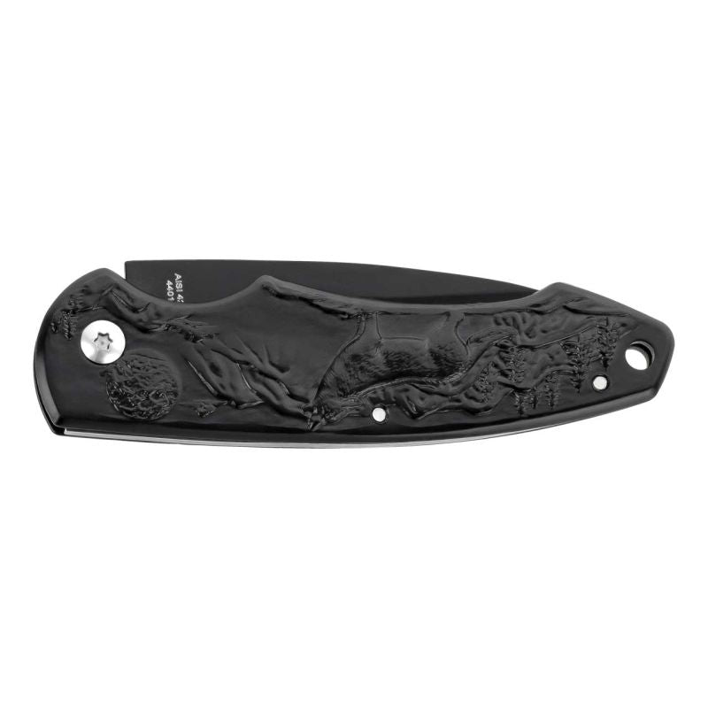 Geschlossenes CJH Taschenmesser mit Wolfsmotiv am Griff