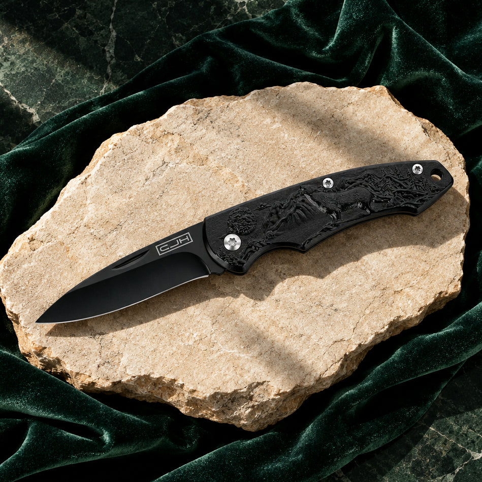 CJH Taschenmesser Wolf mit schwarzer Klinge auf hellem Stein