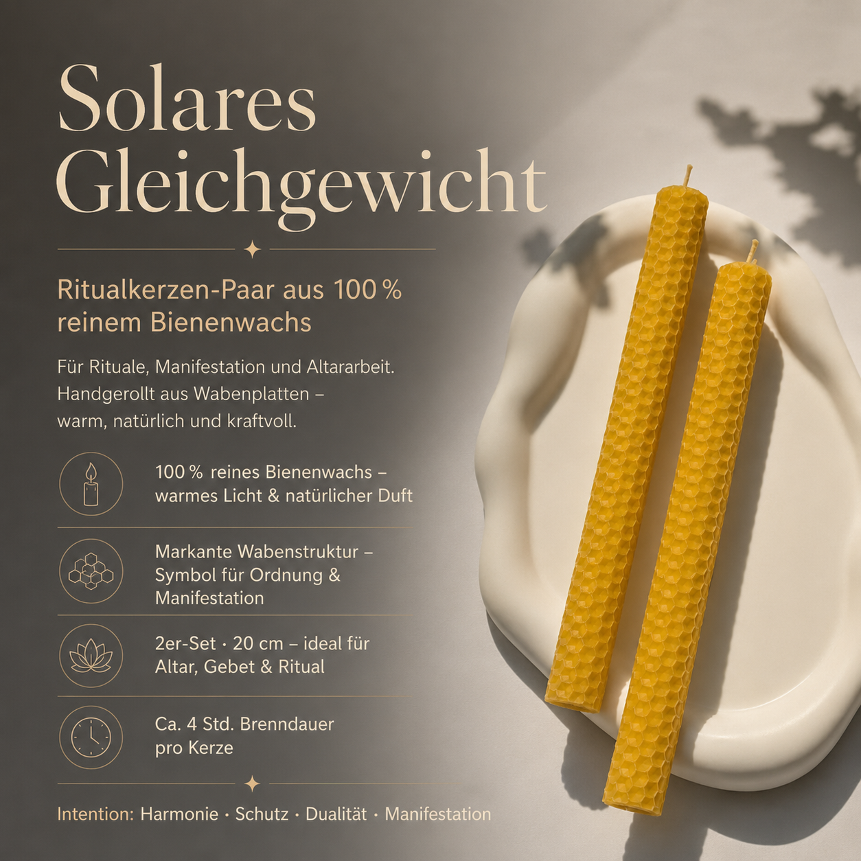 Handgerolltes Ritualkerzen-Paar aus reinem Bienenwachs mit natürlicher Wabenstruktur, 20cm Altar-Kerzen für magische Manifestationen - Temple of Desire