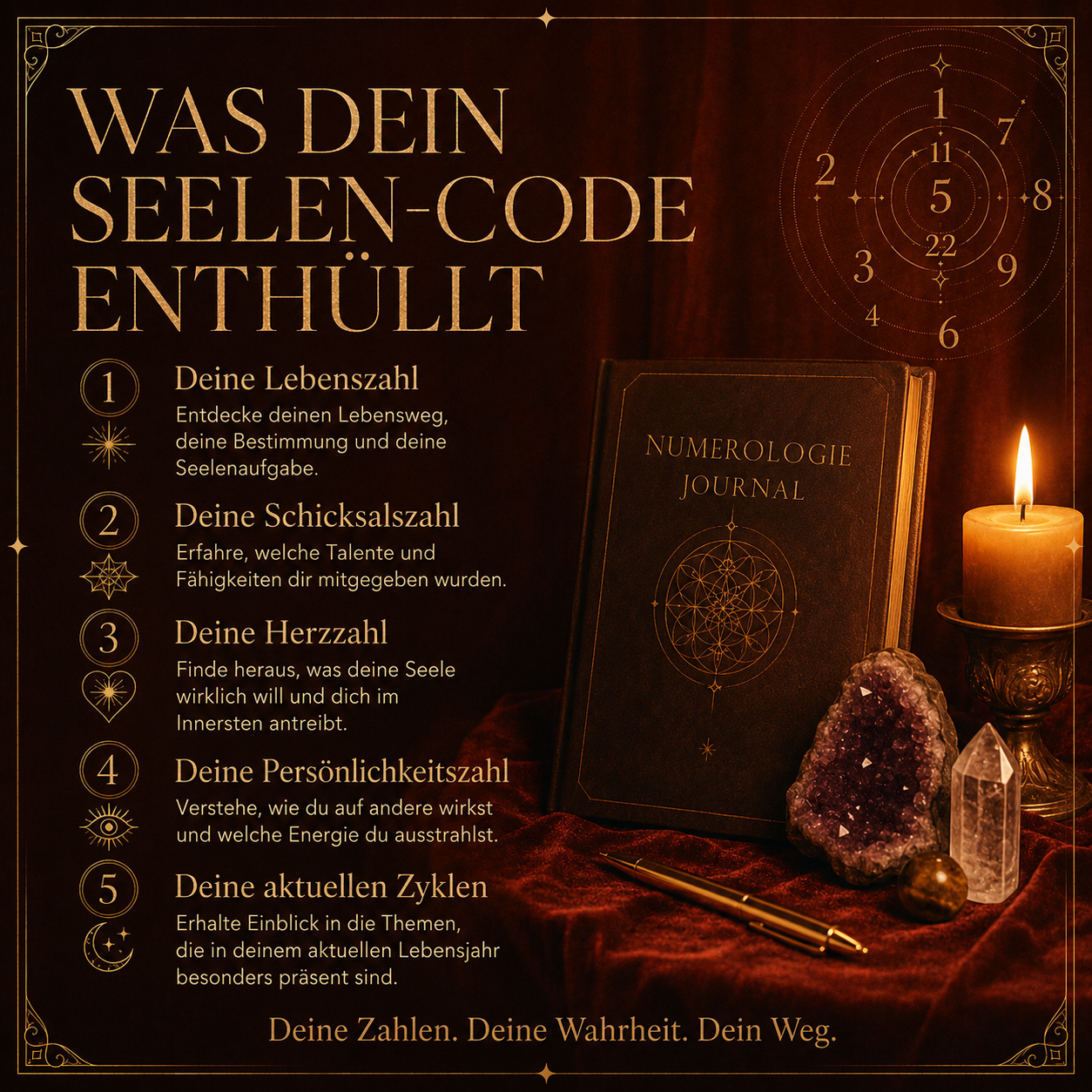 Numerologie Reading mit Lebenszahl, Schicksalszahl, Herzzahl und Persönlichkeitszahl