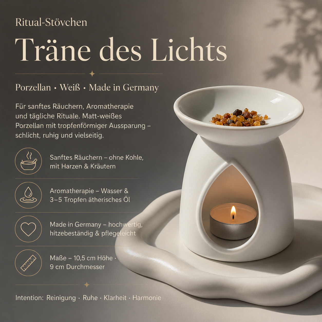 Elegantes weißes Ritual-Stövchen aus Porzellan mit Tropfen-Aussparung für sanftes Räuchern und ätherische Öle, Made in Germany - Temple of Desire