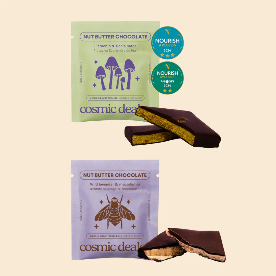 Cosmic Dealer Botanical Box 20 vegane Schokoladen Nussbutter Pralinen Verpackung 10 Sorten