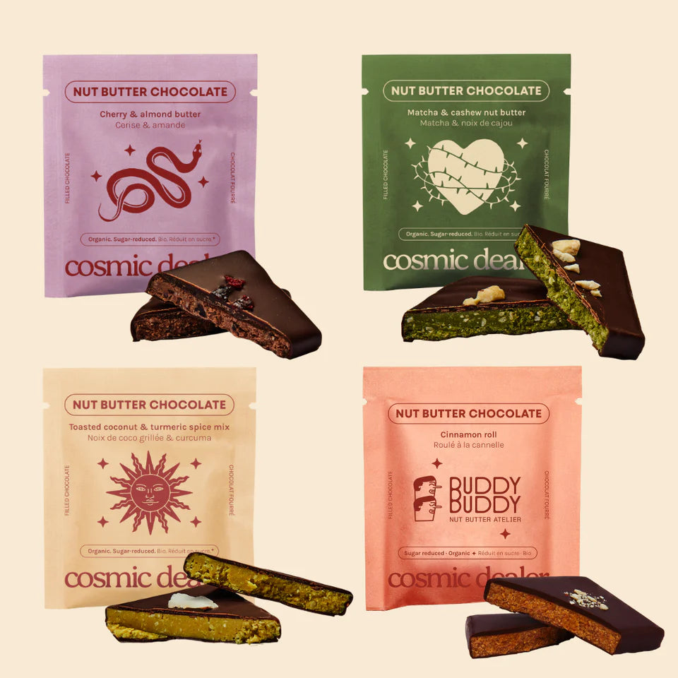 Cosmic Dealer Botanical Box 20 vegane Schokoladen Nussbutter Pralinen Verpackung 10 Sorten
