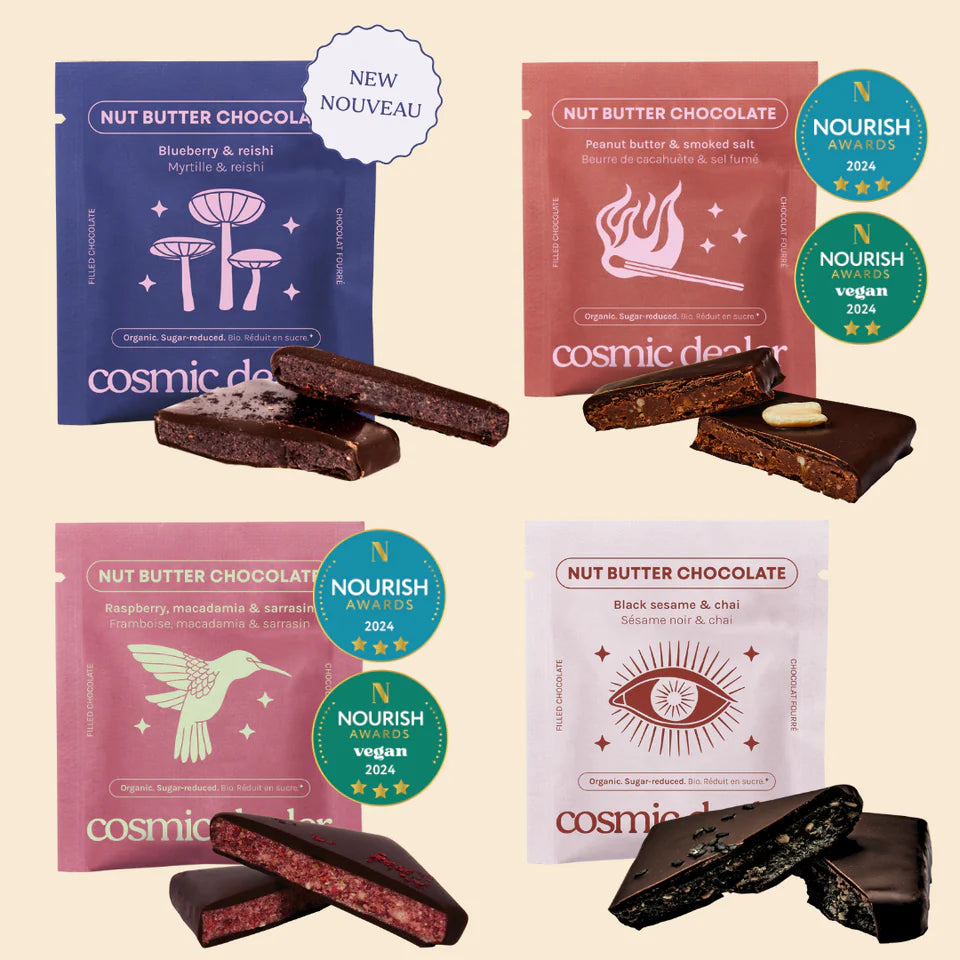 Cosmic Dealer Botanical Box 20 vegane Schokoladen Nussbutter Pralinen Verpackung 10 Sorten