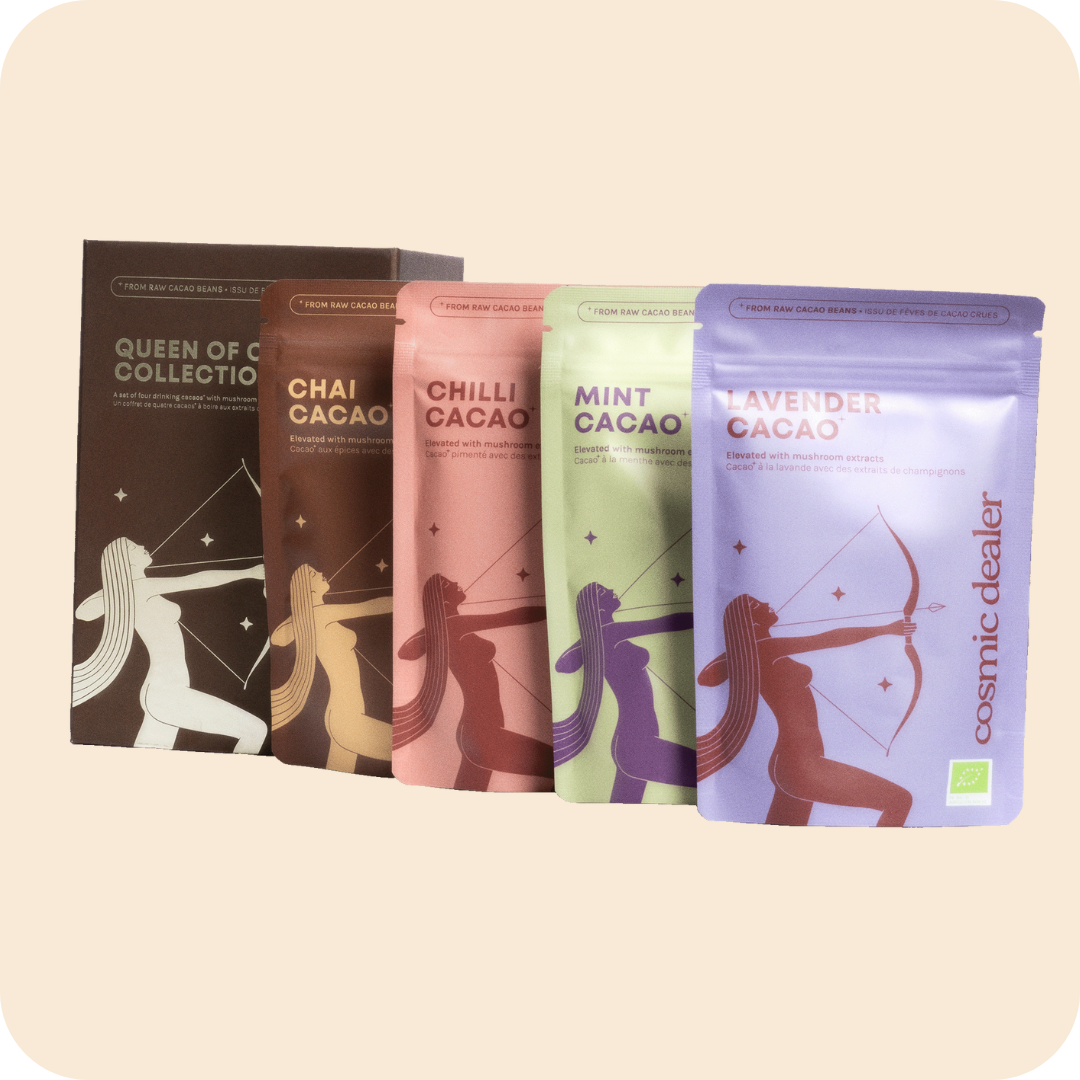 Cosmic Dealer Königin der Kakao Kollektion Geschenkbox mit 4 Kakaomischungen (Chai, Chili, Lavendel, Minze)