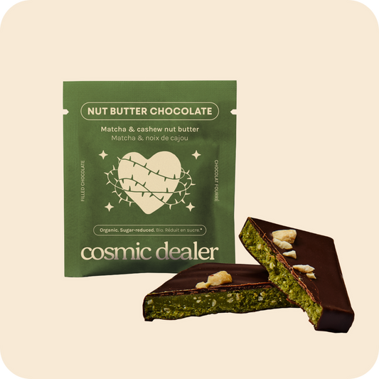 Cosmic Dealer Matcha Cashew Schokolade Verpackung grün Herz vegan 20g