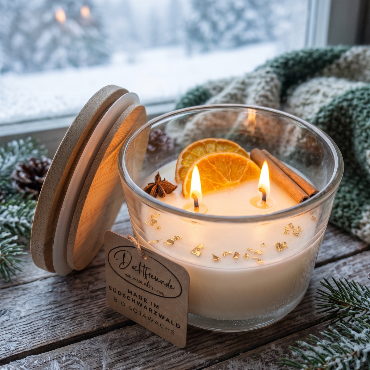 Winter-Duftkerze im Glas mit Orangenscheiben, Zimtstange und Anisstern