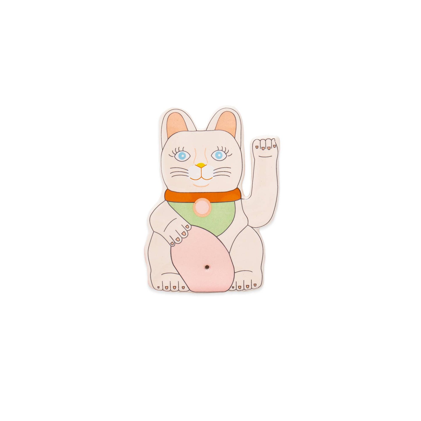 Draufsicht des Glückskatzen-Räucherstäbchenhalters, weiße Keramik mit orangefarbenen und goldenen Details