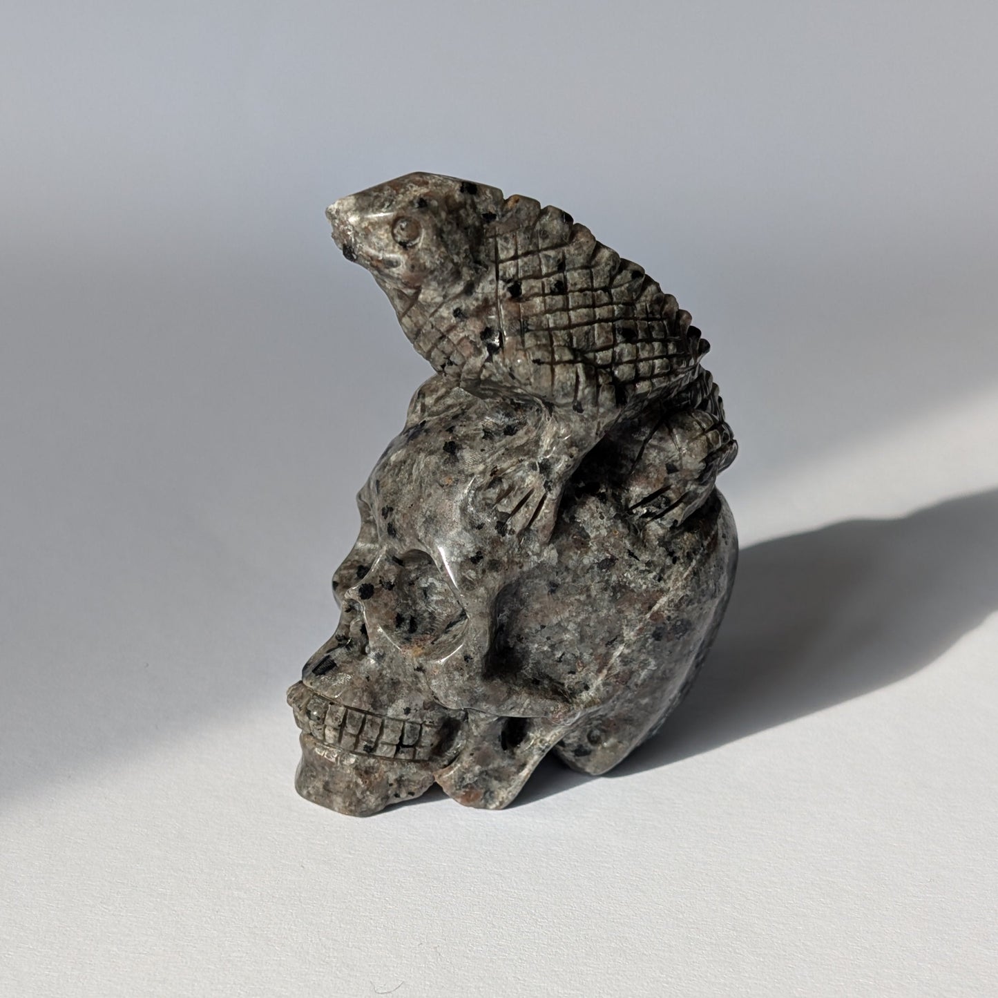 Ein 154g schwerer, handgeschnitzter Kristallschädel 'Urak' aus Monzonit, mit einer detailreichen Eidechse, die auf seinem Scheitel ruht.