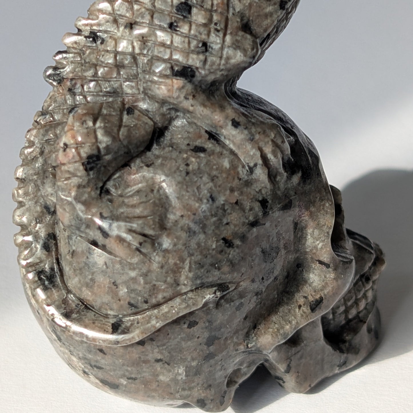 Ein 154g schwerer, handgeschnitzter Kristallschädel 'Urak' aus Monzonit, mit einer detailreichen Eidechse, die auf seinem Scheitel ruht.