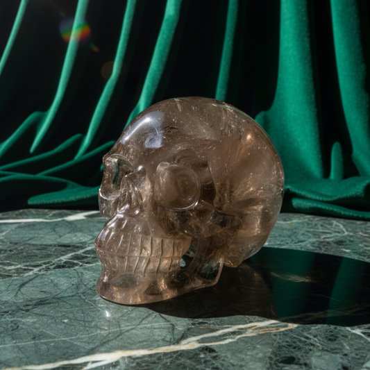 Ein 594g schwerer, klarer Rauchquarz-Schädel 'Der Wächter der Schatten' mit leuchtenden Regenbogen-Einschlüssen.